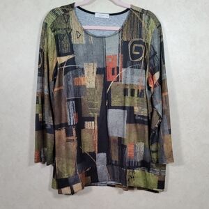 05126 Jess & Jane green, black & rust sweater knit tunic blouse XL